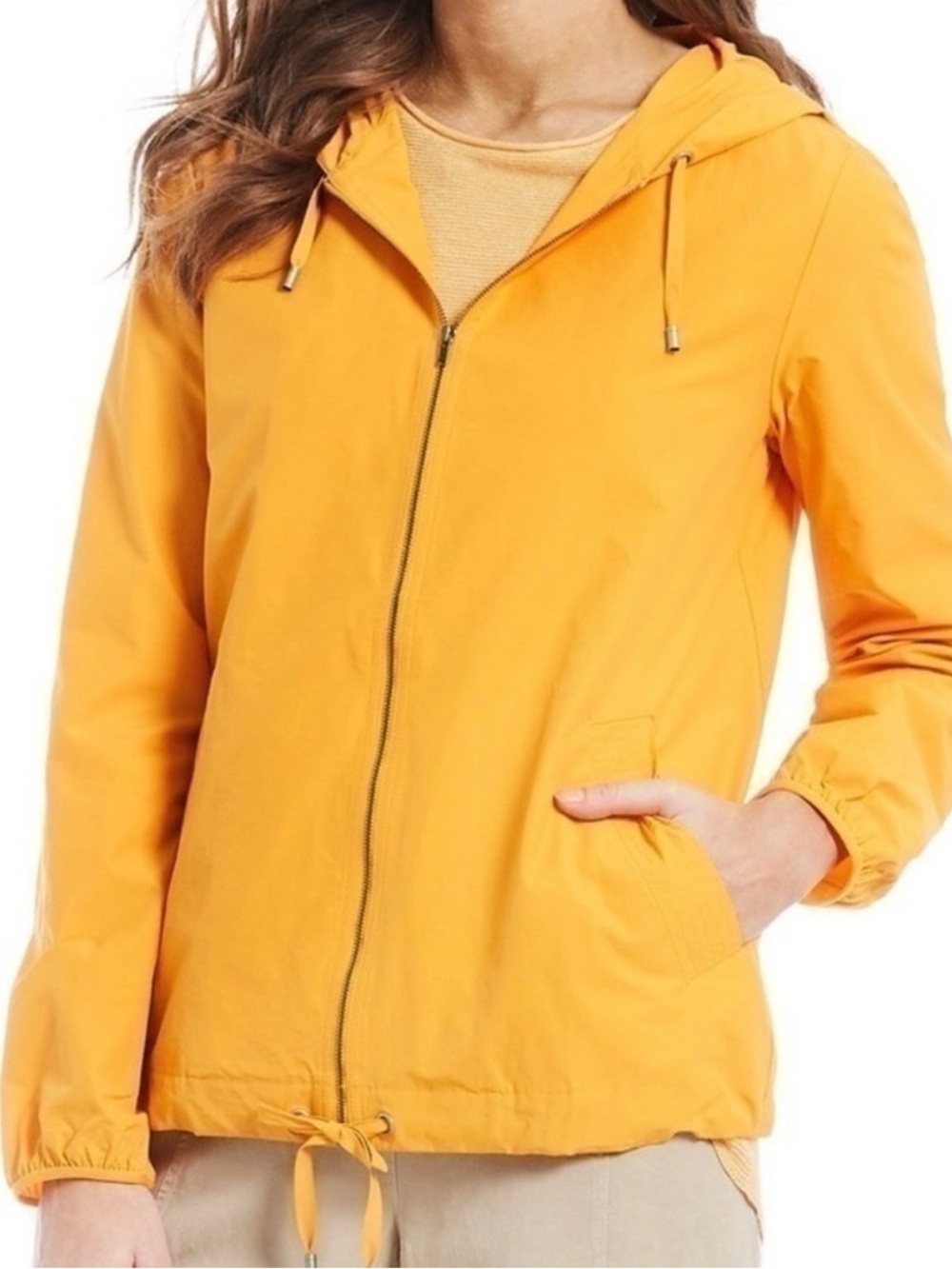 EILEEN FISHER Bright Mango Yellow Organic Cotton Blend Hooded Light Jacket M